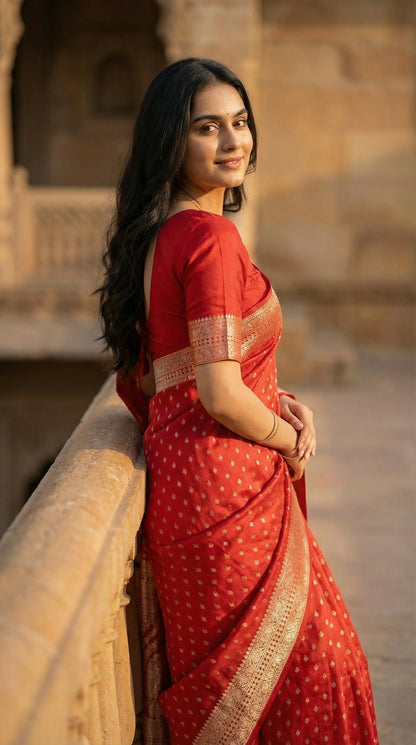 Black blended silk saree with silver Khaddi Butti motifs and rich border, displayed on mannequin. standing in front of an architectural structure.