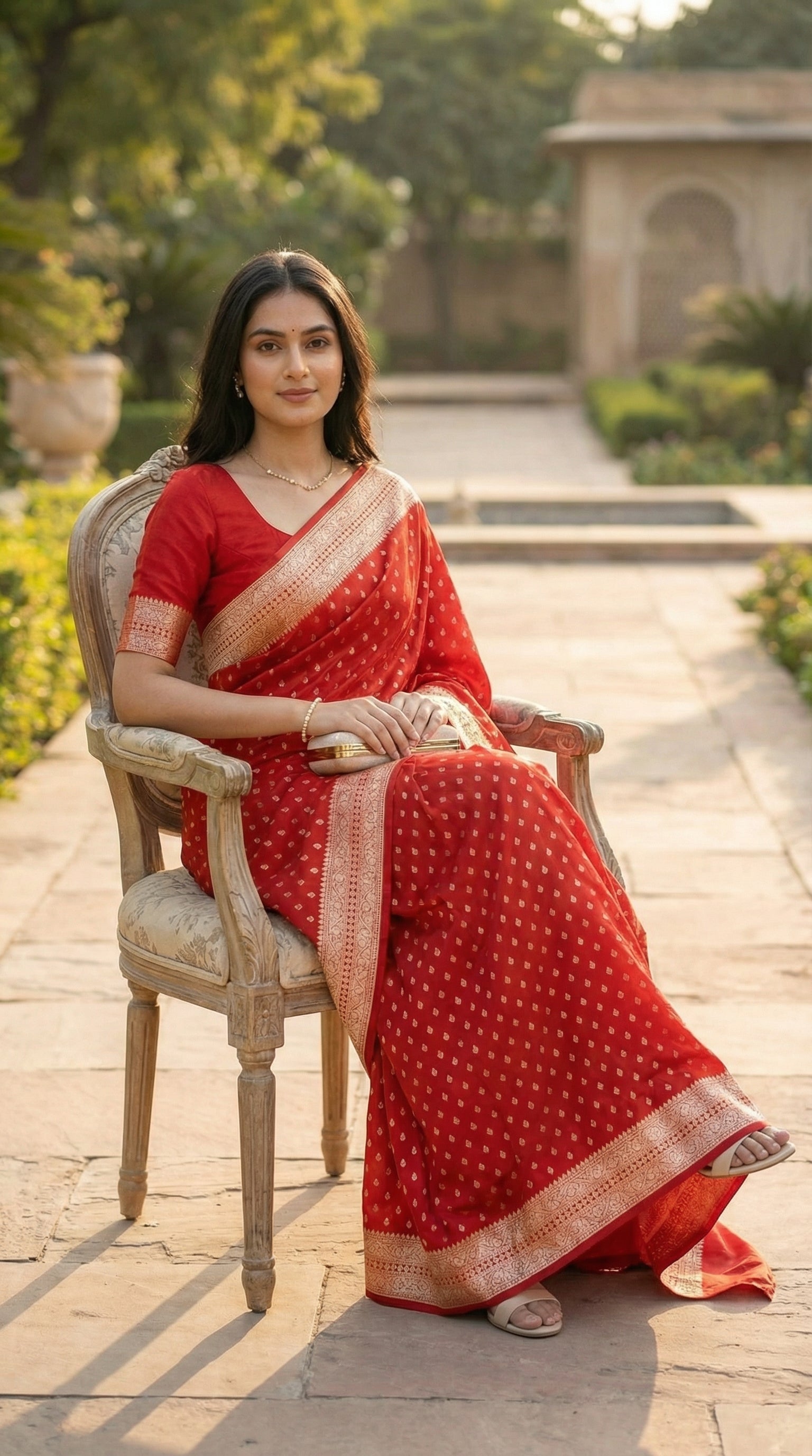 Woman in a Red blended silk saree with silver Khaddi Butti motifs and rich border, sitting outdoors on a stone path with greenery.