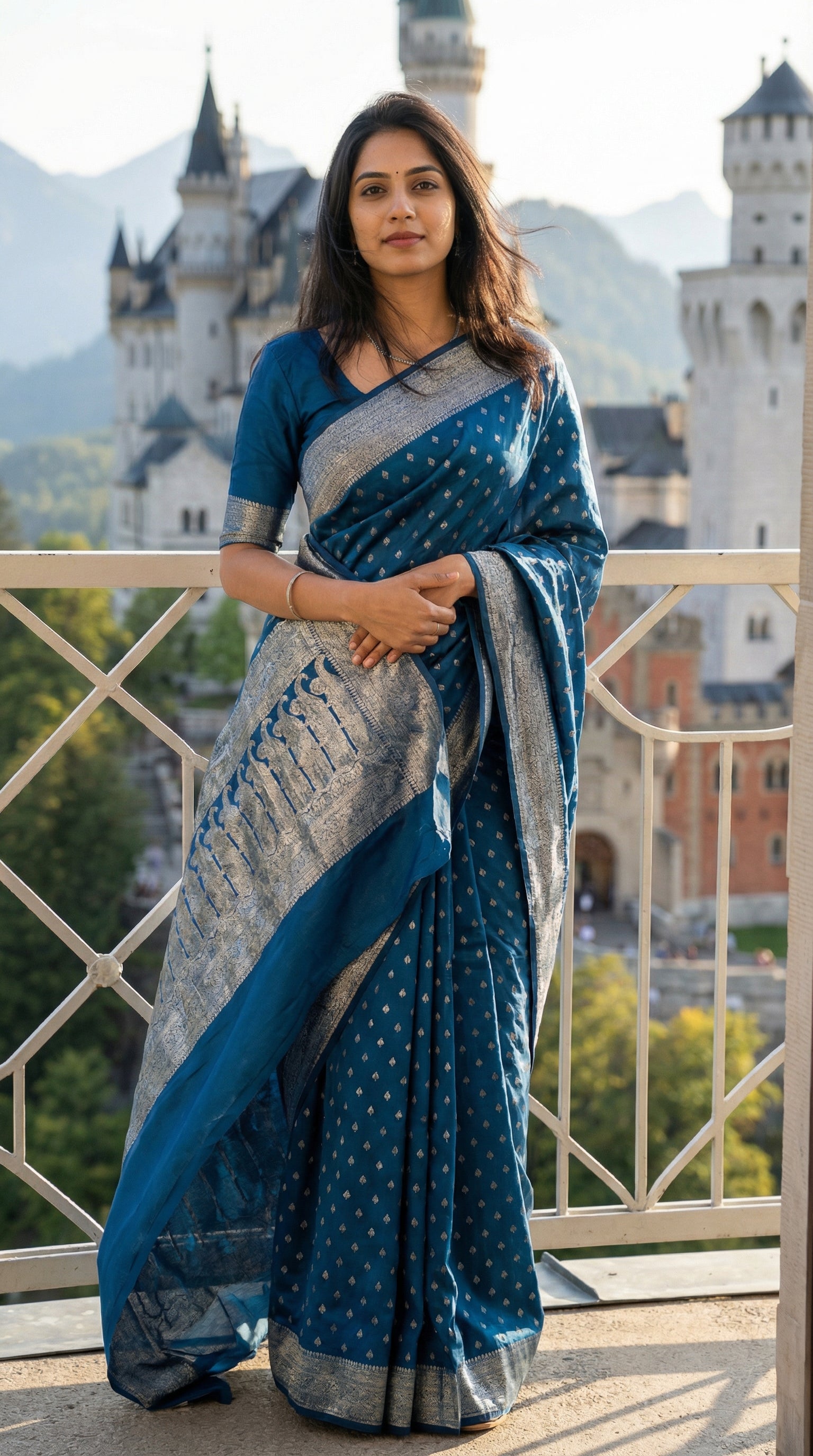 Woman in a Teal blended silk saree with silver Khaddi Butti motifs and rich border, standing in front of a castle-like building with mountains in the background.