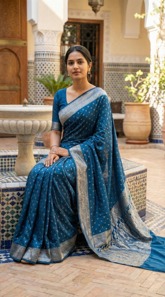 Woman in a Teal blended silk saree with silver Khaddi Butti motifs and rich border, sitting in an outdoor setting with decorative tiles and plants.