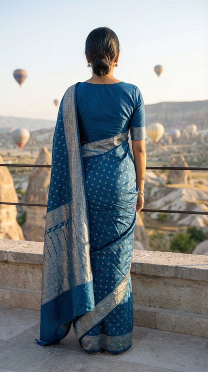 Woman in a Teal blended silk saree with silver Khaddi Butti motifs and rich border, overlooking a scenic view with hot air balloons.