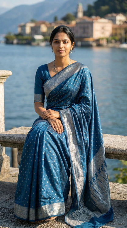 Woman in a Teal blended silk saree with silver Khaddi Butti motifs and rich border, sitting by a waterfront with mountains in the background.