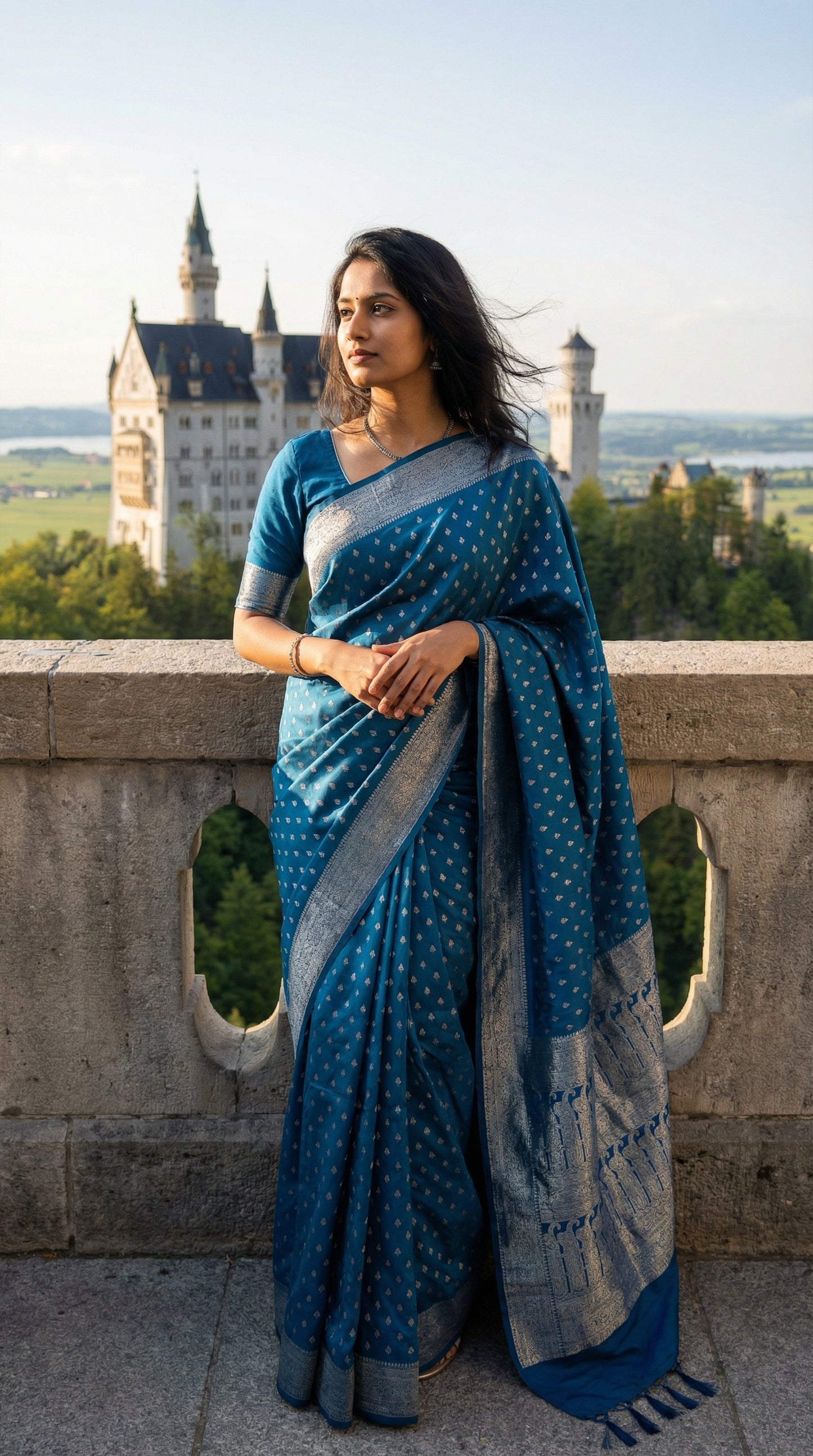 Woman in a Teal blended silk saree with silver Khaddi Butti motifs and rich border, standing on a balcony with a castle in the background.