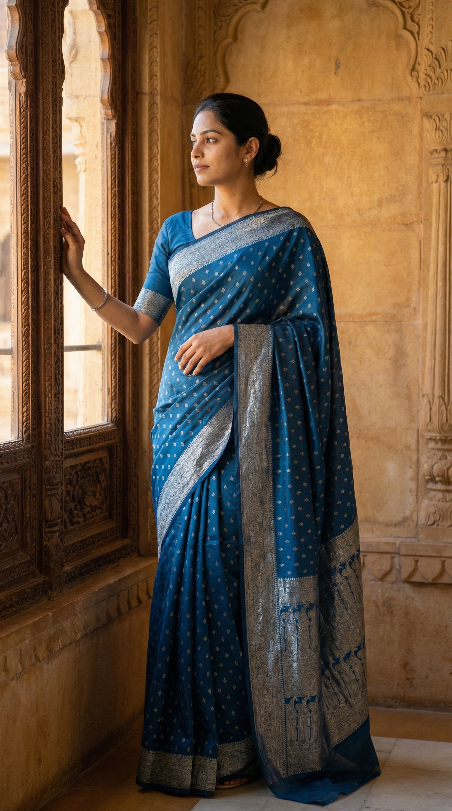 Woman in a Teal blended silk saree with silver Khaddi Butti motifs and rich border, standing in a room with ornate architecture.