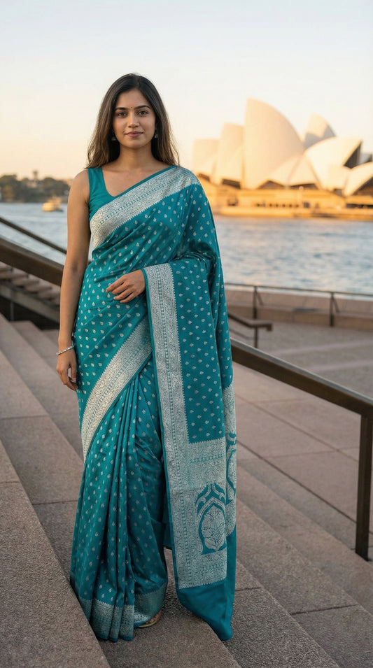 Woman in a Turqoise blended silk saree with silver Khaddi Butti motifs and rich border, standing on steps with the Sydney Opera House in the background.