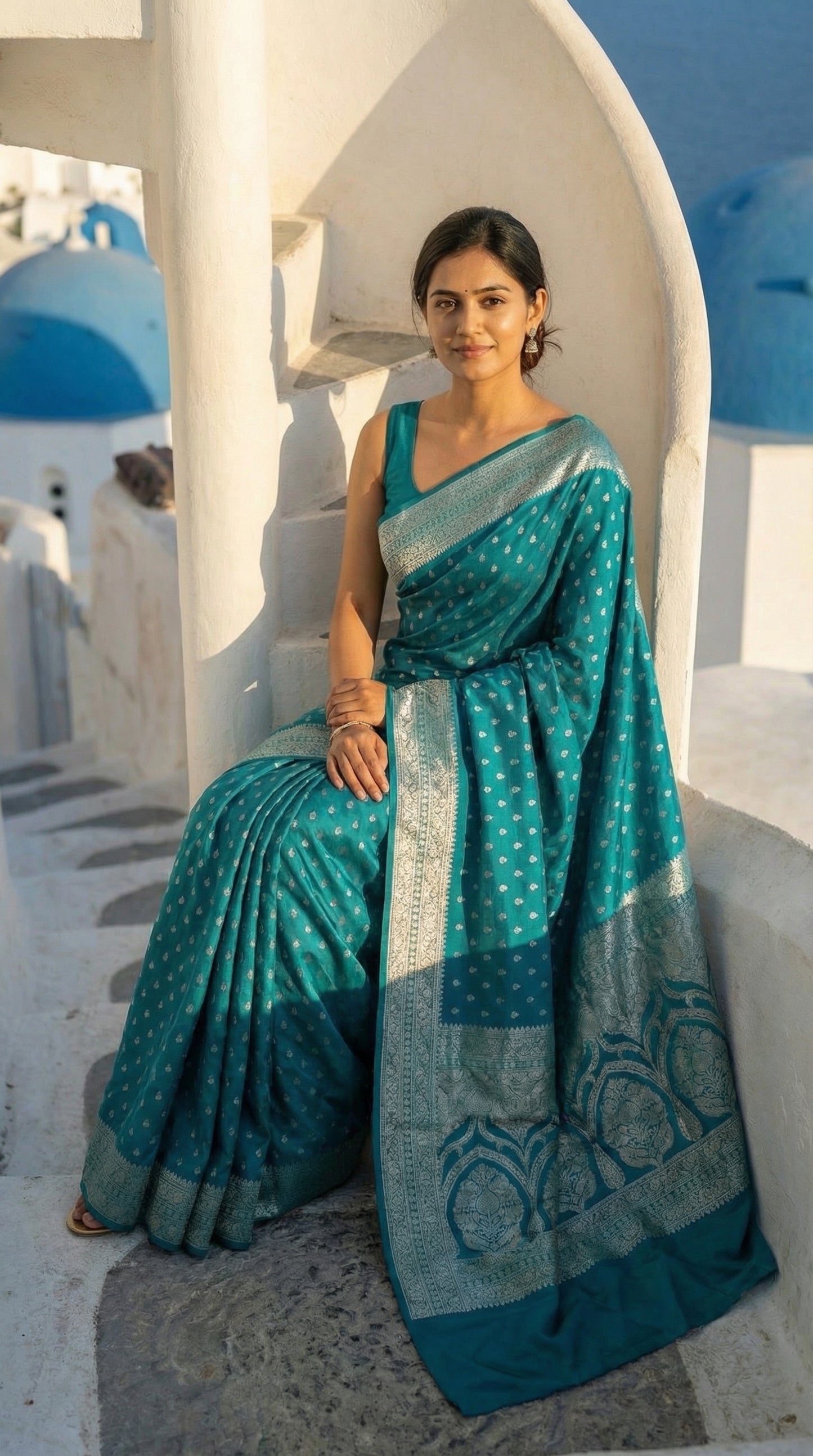 Woman in a Turqoise blended silk saree with silver Khaddi Butti motifs and rich border, sitting under a white archway with blue domes.