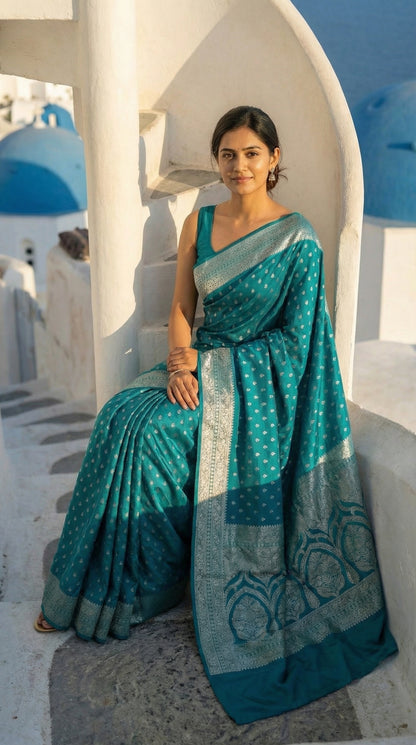 Woman in a Turqoise blended silk saree with silver Khaddi Butti motifs and rich border, sitting under a white archway with blue domes.