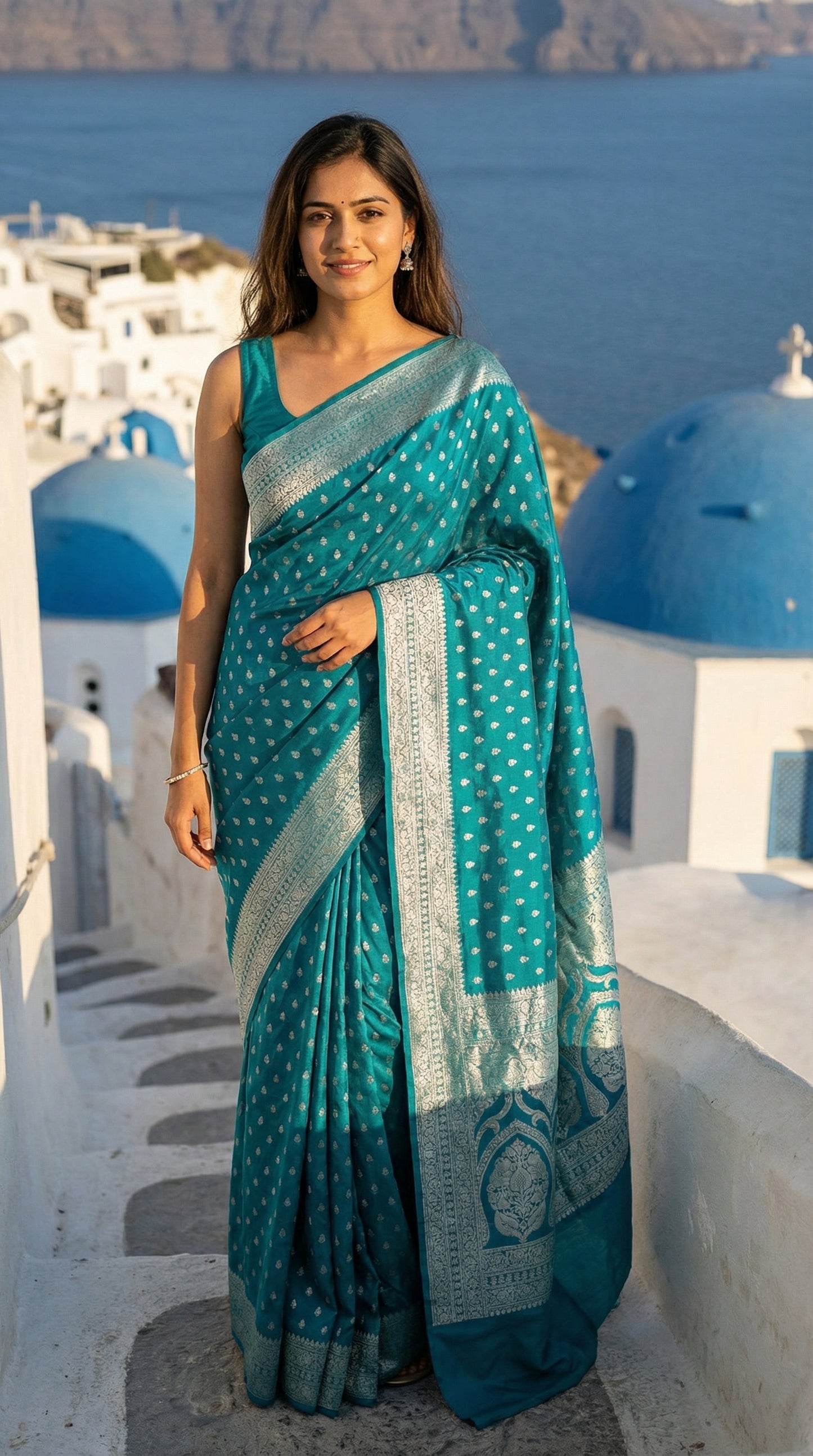 Woman in a Turqoise blended silk saree with silver Khaddi Butti motifs and rich border, standing in front of blue domes and ocean view.