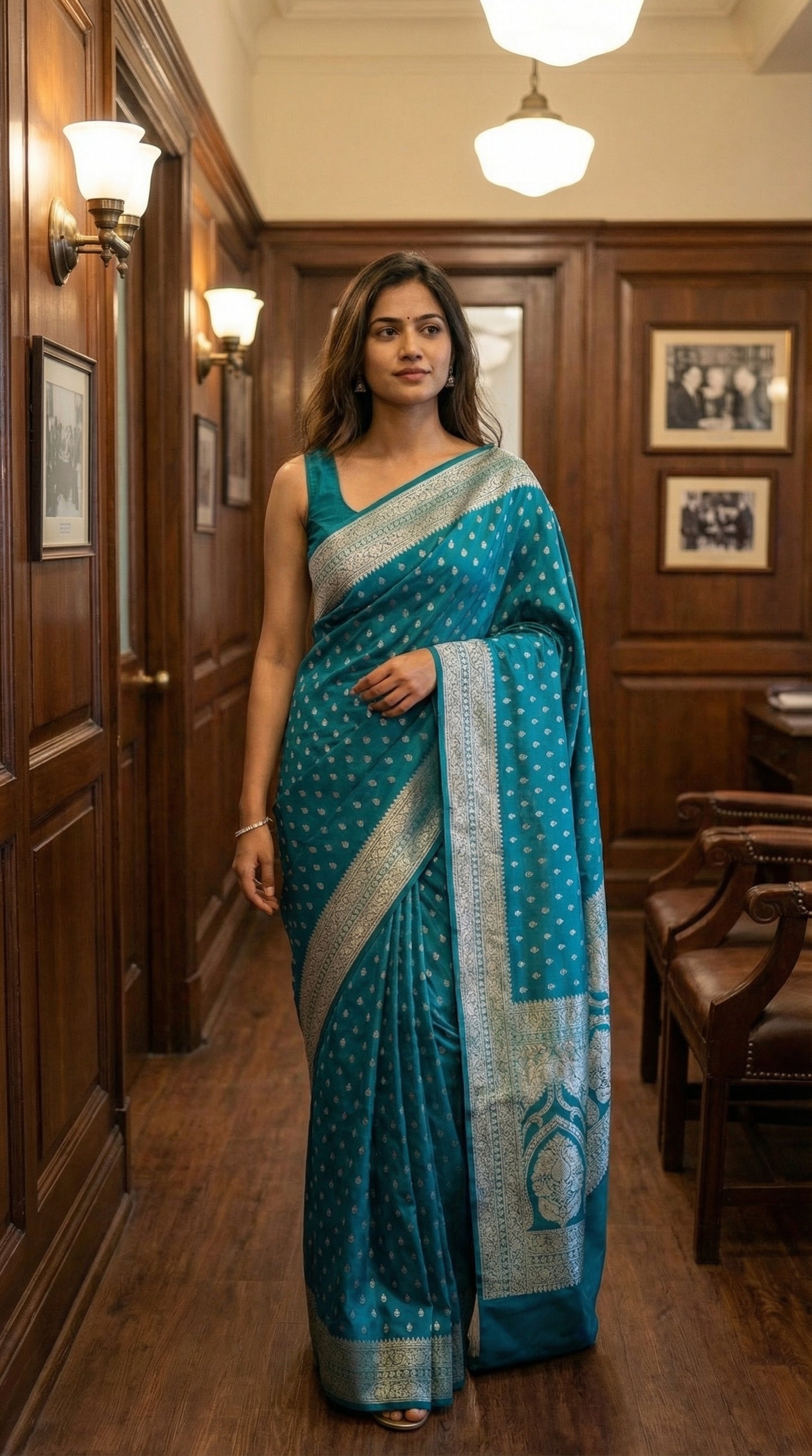 Woman in a Turqoise blended silk saree with silver Khaddi Butti motifs and rich border, in an indoor setting.