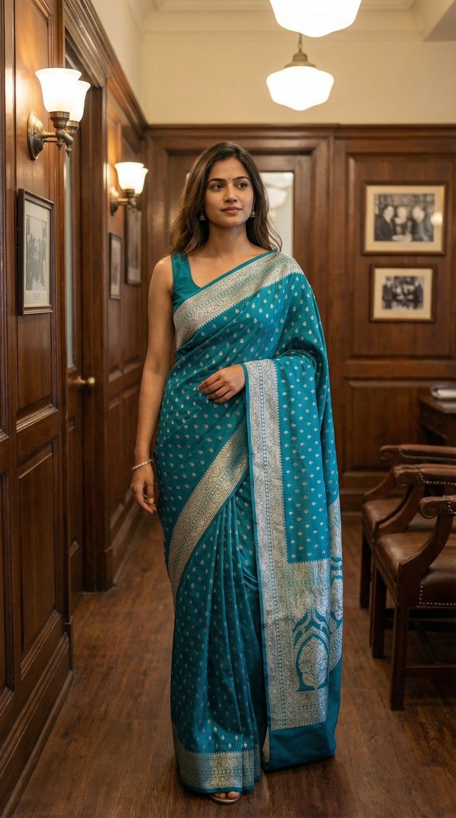 Woman in a Turqoise blended silk saree with silver Khaddi Butti motifs and rich border, in an indoor setting.