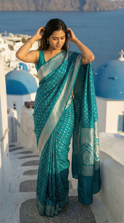 Woman in a Turqoise blended silk saree with silver Khaddi Butti motifs and rich border, standing in front of blue domed buildings.