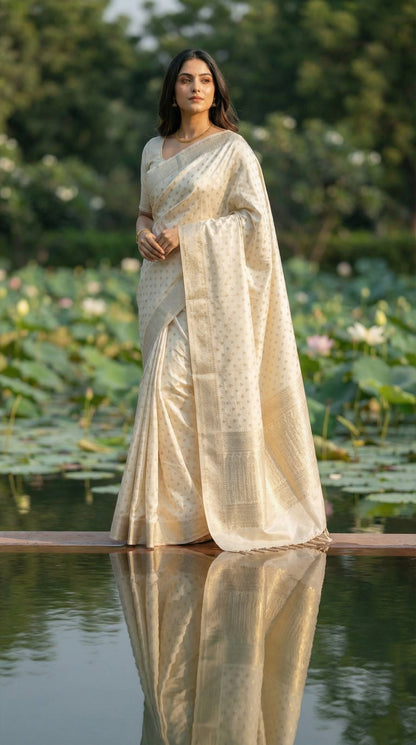 Woman in a White blended silk saree with silver Khaddi Butti motifs and rich border, standing by a pond with greenery in the background.