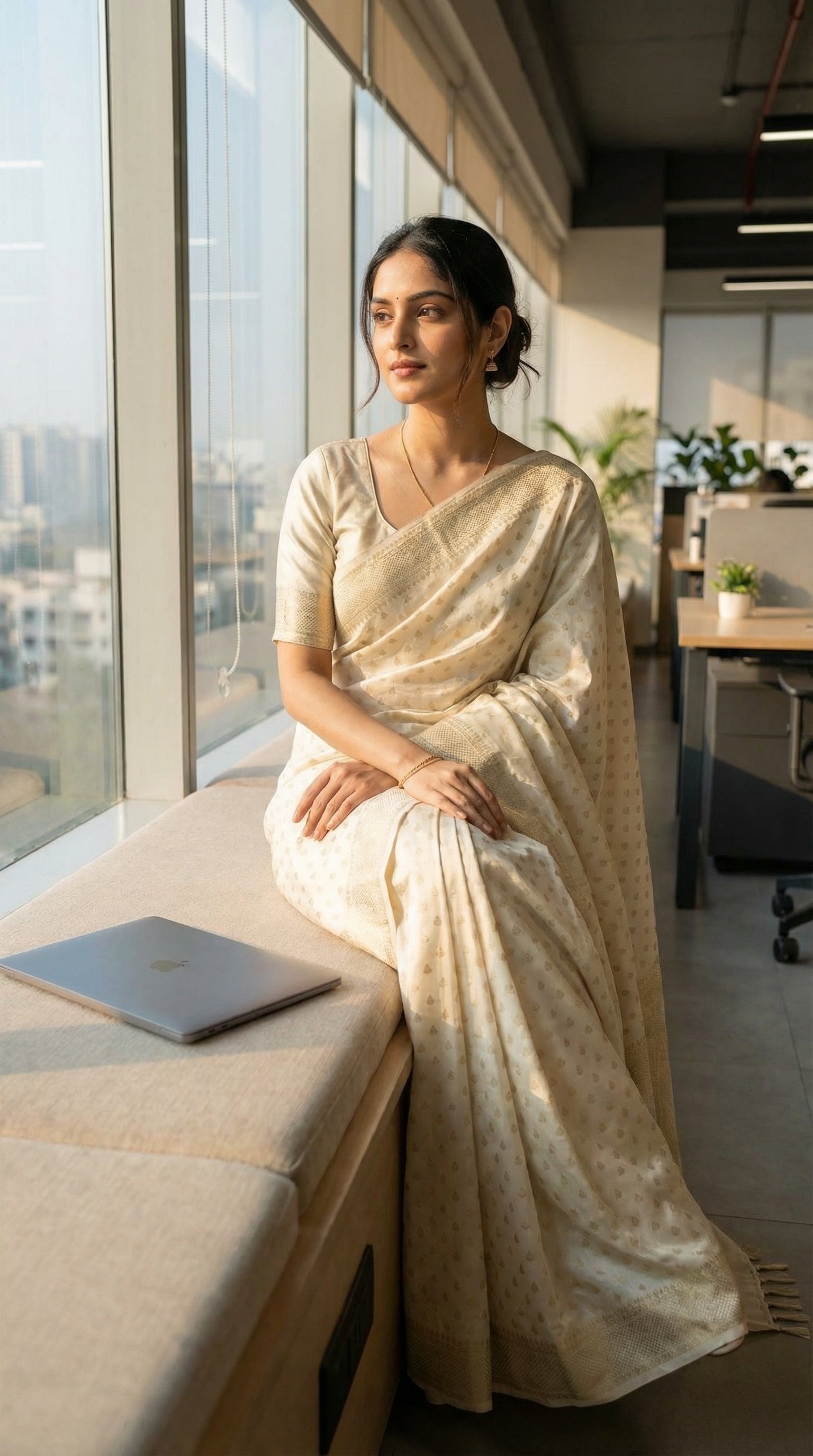 Woman in a White blended silk saree with silver Khaddi Butti motifs and rich border, sitting on a windowsill with a cityscape view.