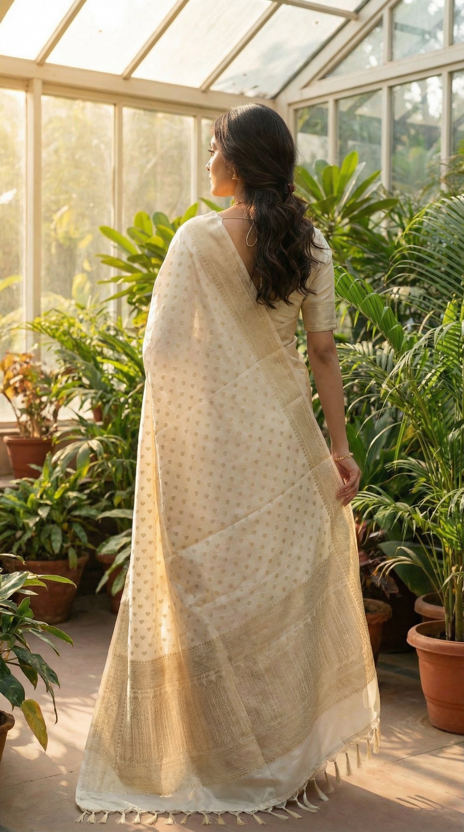 Woman in a White blended silk saree with silver Khaddi Butti motifs and rich border, standing in a greenhouse filled with plants.