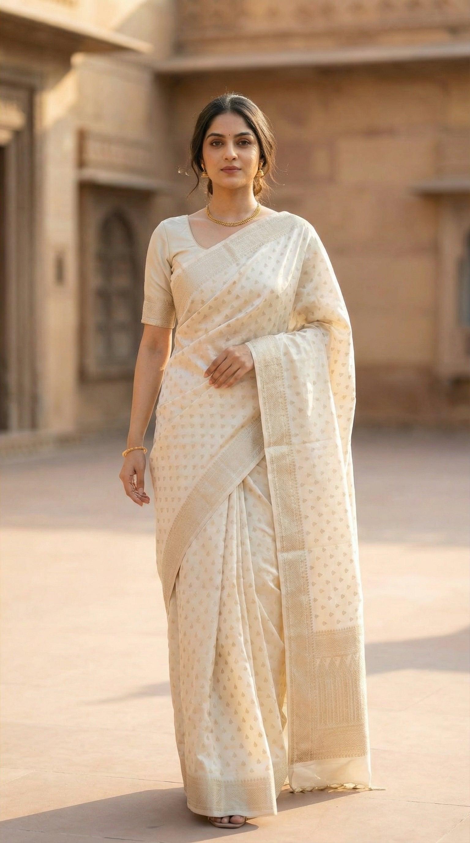 Woman in a White blended silk saree with silver Khaddi Butti motifs and rich border, standing in front of a beige building.