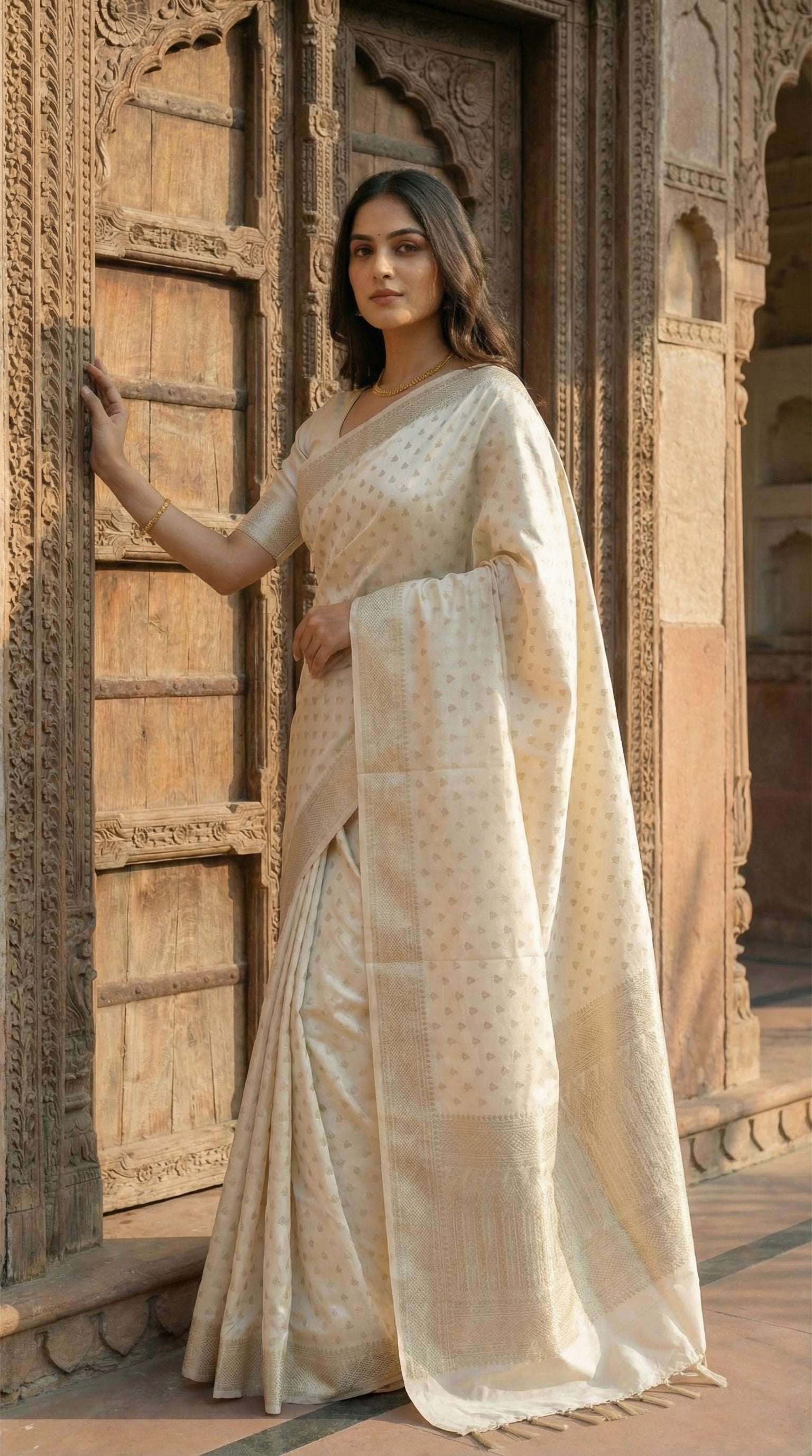 Woman in a White blended silk saree with silver Khaddi Butti motifs and rich border, standing in front of an ornate wooden door.