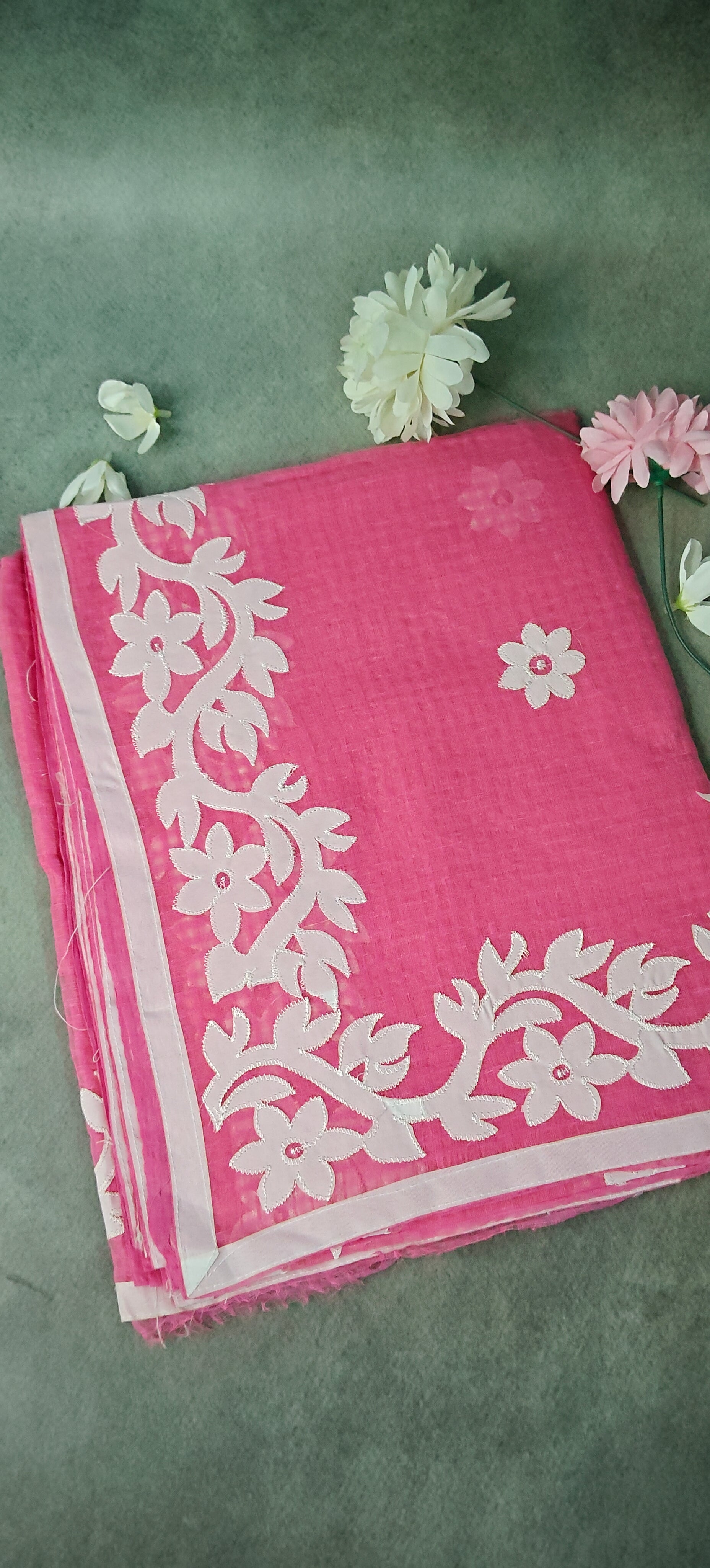 Pink Kota saree with delicate white appliqué embroidery, sheer and breathable handcrafted ethnic saree.