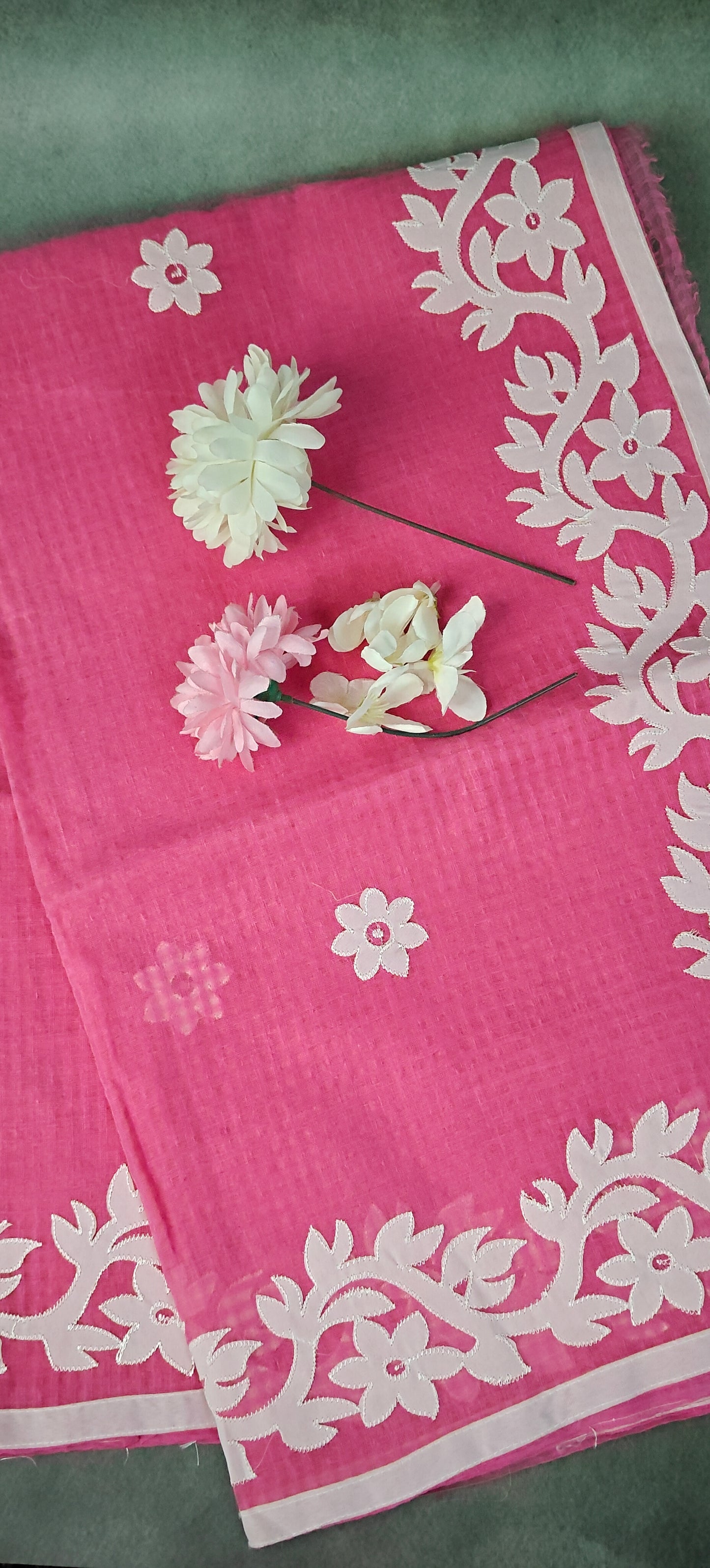 Pink Kota saree with delicate white appliqué embroidery, sheer and breathable handcrafted ethnic saree.