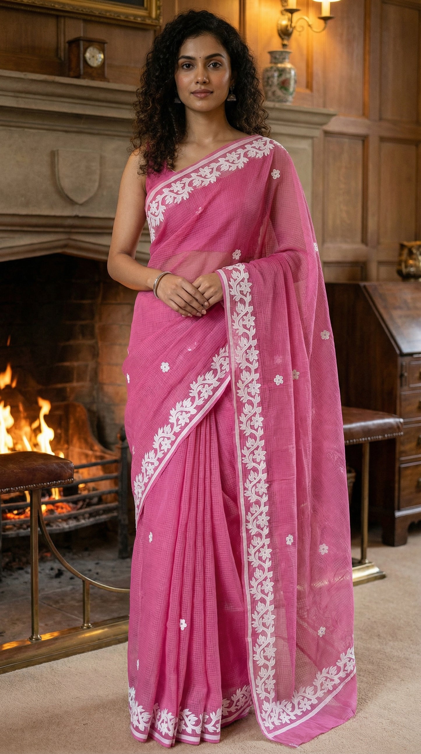 Woman wearing a Pink Kota saree with delicate white appliqué embroidery, sheer and breathable handcrafted ethnic saree in a room with a fireplace.