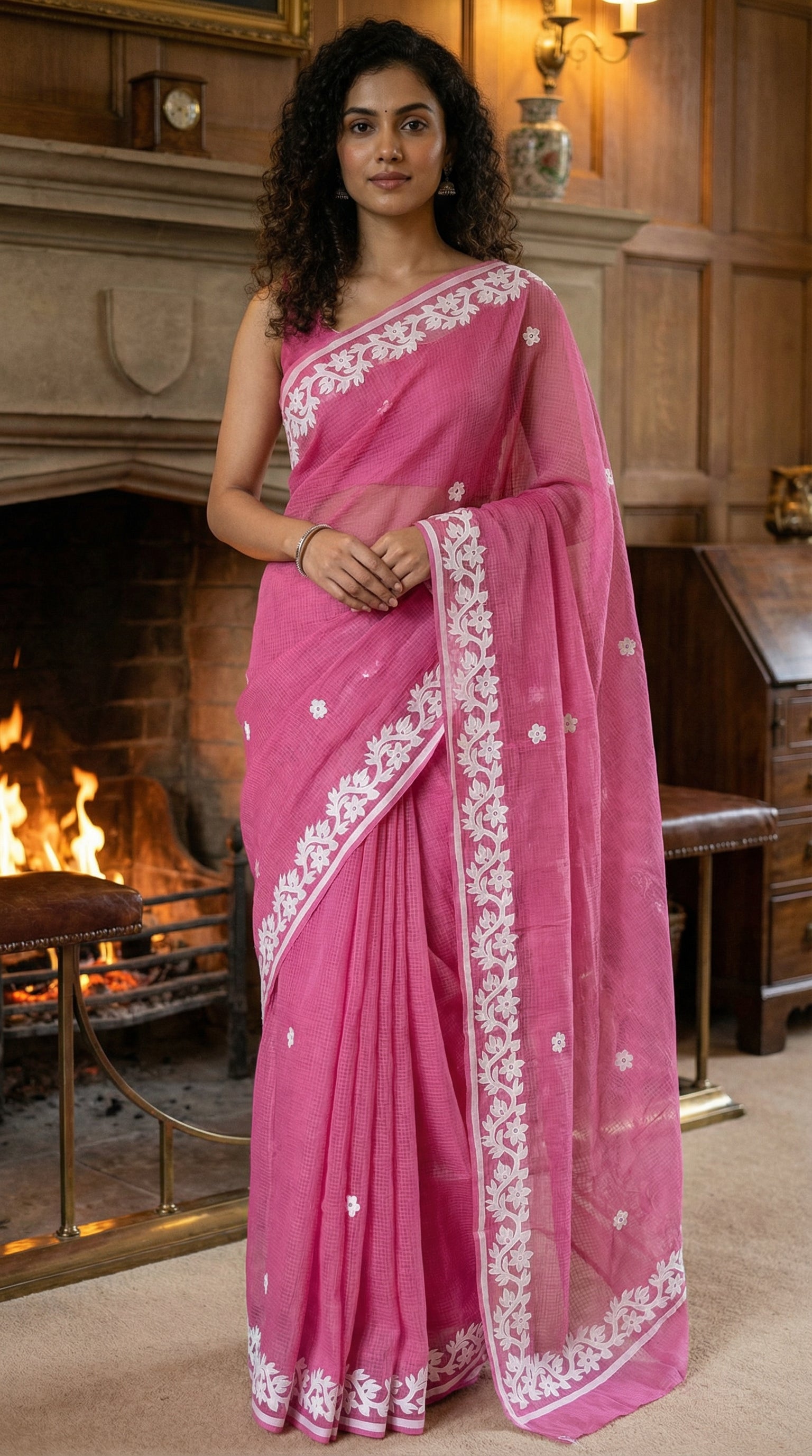 Woman wearing a Pink Kota saree with delicate white appliqué embroidery, sheer and breathable handcrafted ethnic saree in a room with a fireplace.