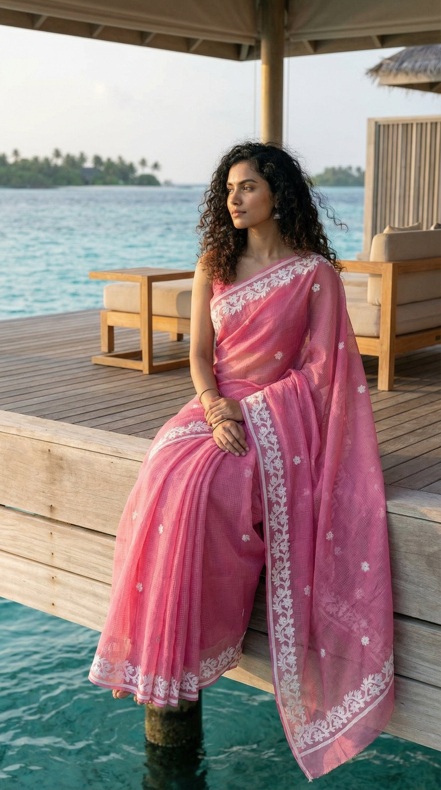 Woman in a Pink Kota saree with delicate white appliqué embroidery, sheer and breathable handcrafted ethnic saree sitting by a pool with water and wooden deck in the background.
