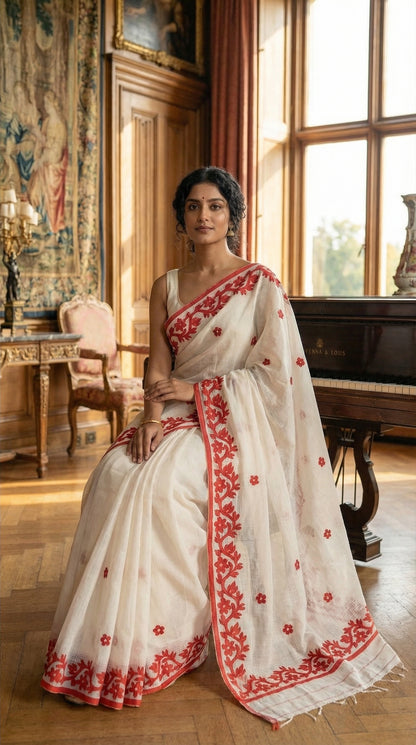 Woman in a White Kota saree featuring intricate appliqué work with floral and paisley motifs in red, traditional festive attire standing in a room with wooden floors and classical decor.