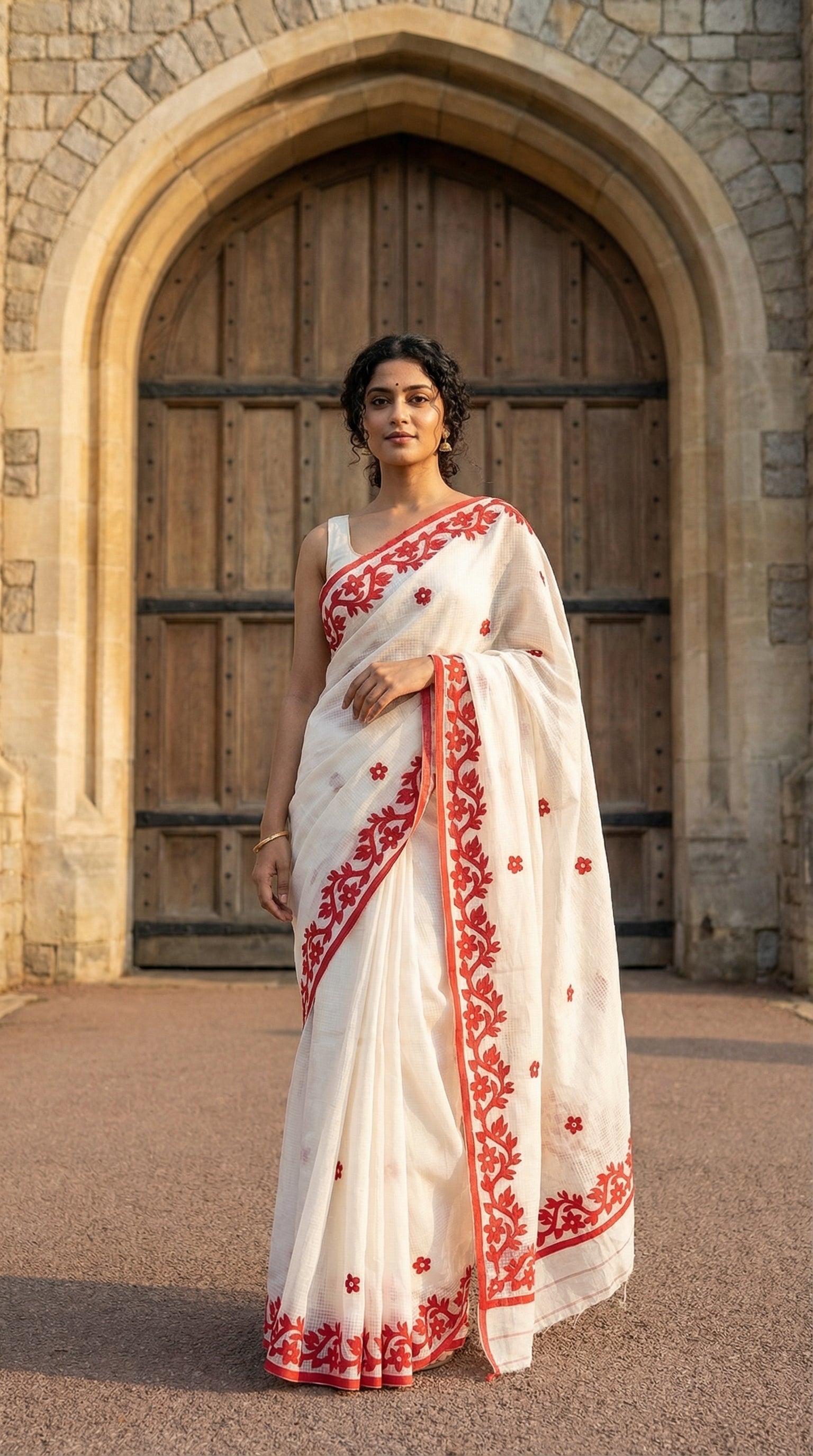 Woman in a White Kota saree featuring intricate appliqué work with floral and paisley motifs in red, traditional festive attire standing in front of a stone archway.