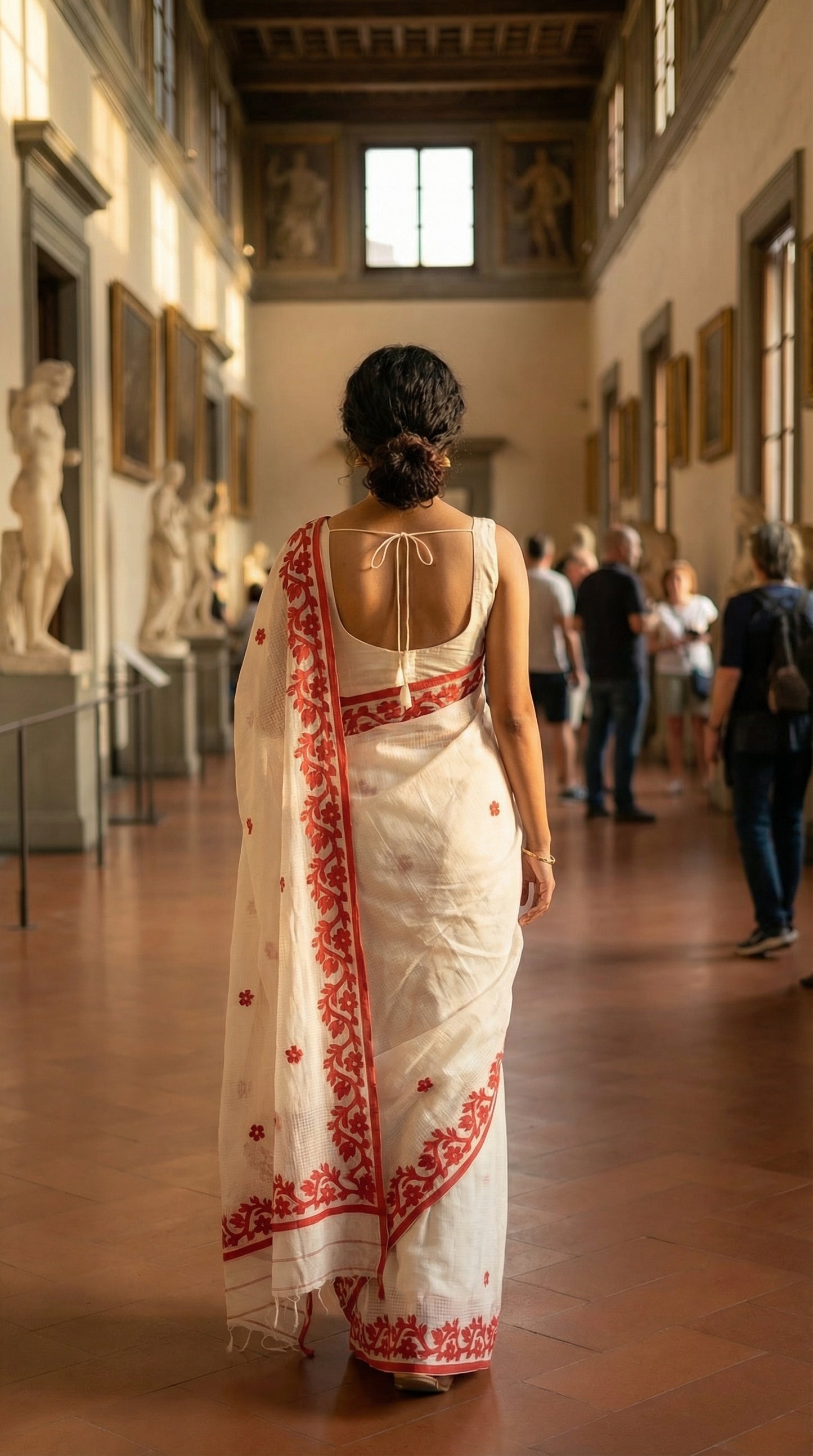 Woman in a White Kota saree featuring intricate appliqué work with floral and paisley motifs in red, traditional festive attire walking through a museum with sculptures and people in the background.