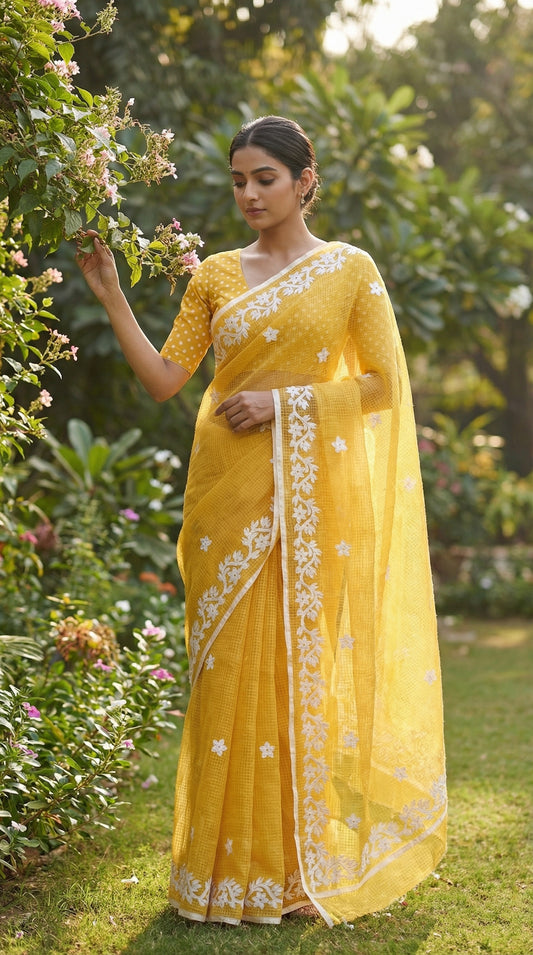 Lady wearing Yellow Kota saree with white floral appliqué embroidery, standing elegantly in her garden and touching a branch.