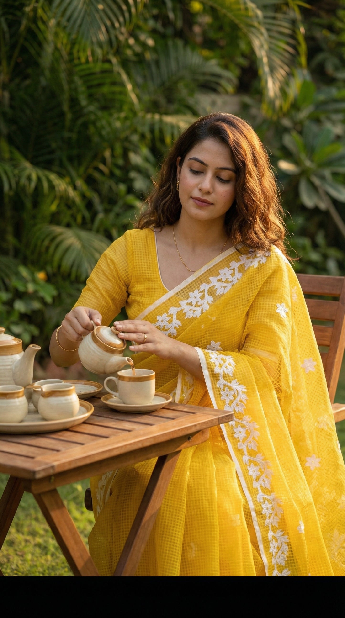 Lady wearing Yellow Kota saree with white floral appliqué embroidery, sitting on a wooden chair, pouring tea in a tea cup with garden as the background setting.