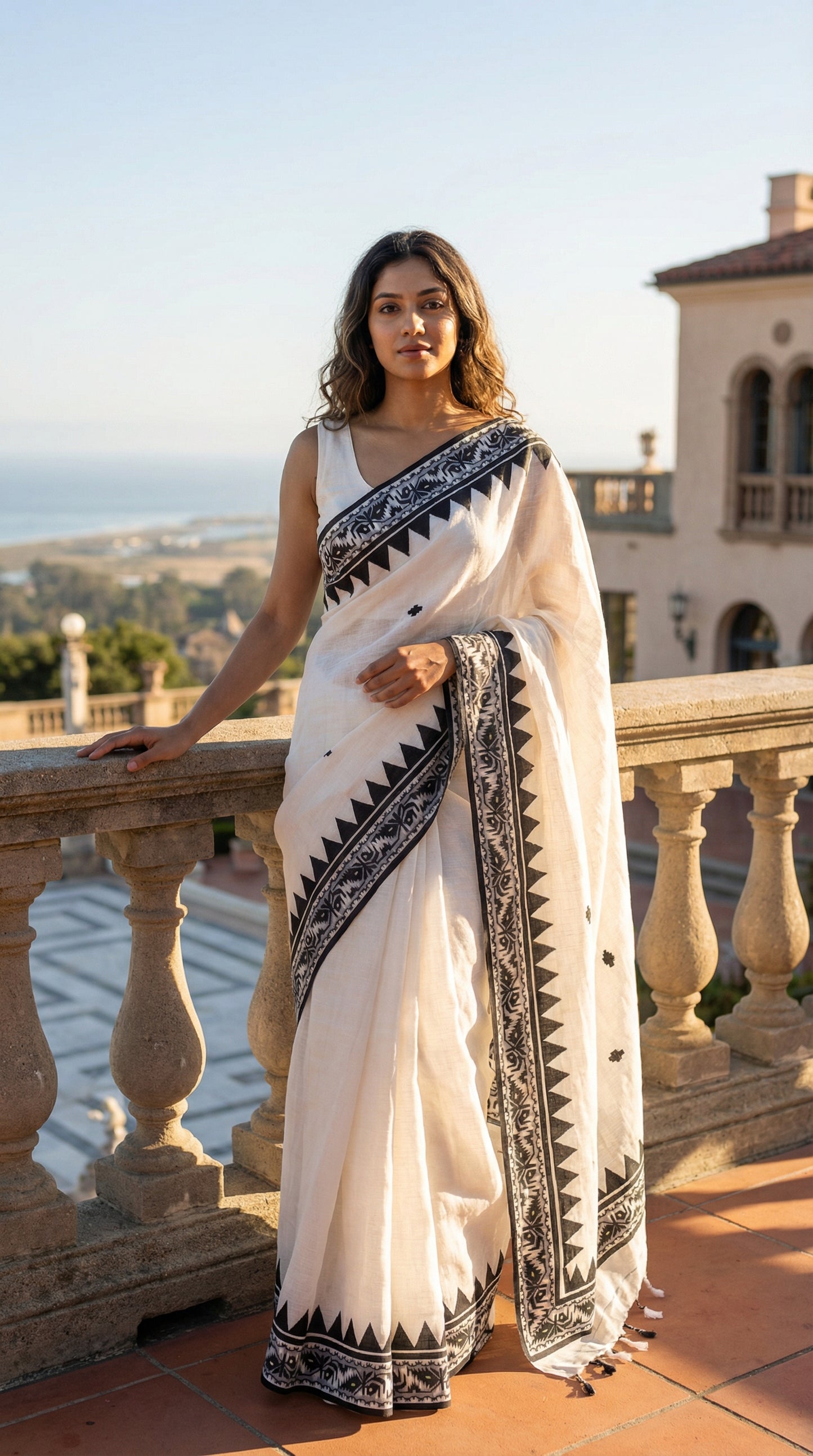 Woman in a White Kota cotton blend saree with black appliqué floral and geometric motifs, lightweight ethnic wear, standing on a balcony with scenic views.