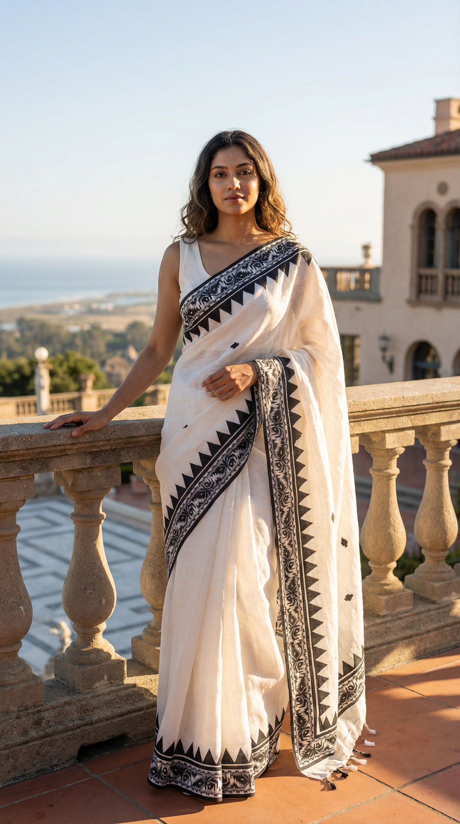 Woman in a White Kota cotton blend saree with black appliqué floral and geometric motifs, lightweight ethnic wear, standing on a balcony with scenic views.