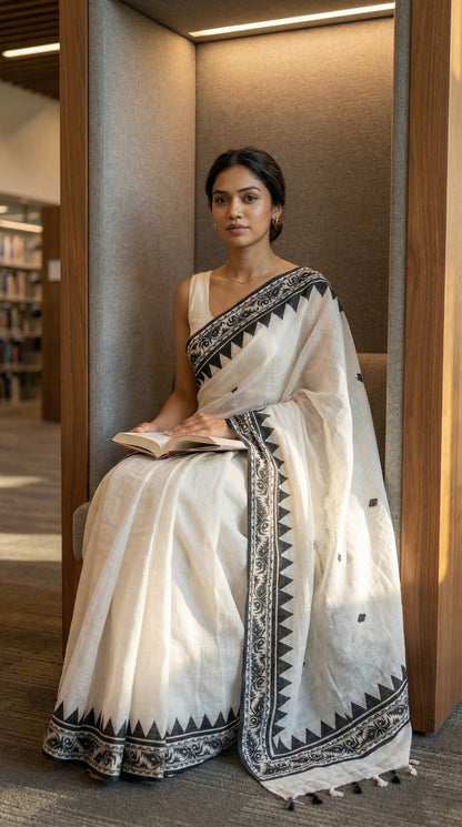 Woman in a White Kota cotton blend saree with black appliqué floral and geometric motifs, lightweight ethnic wear, sitting in a library.