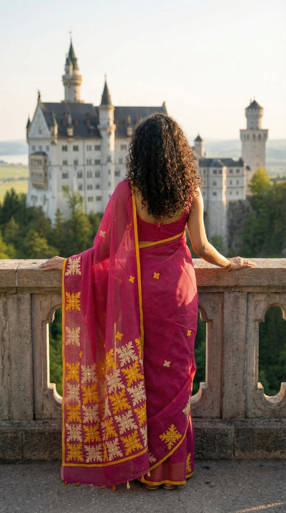 Woman in a dark Pink Kota saree with symmetrical white floral appliqué and soft texture, handcrafted traditional Indian saree standing on a balcony overlooking a castle.