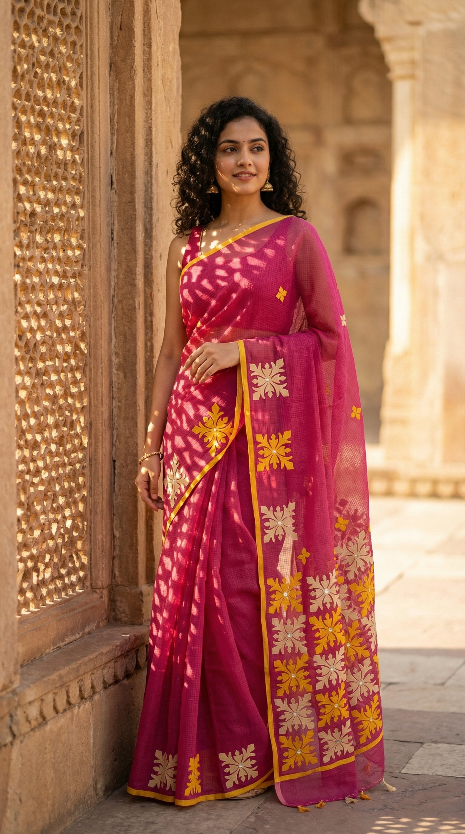 Woman wearing a dark Pink Kota saree with symmetrical white floral appliqué and soft texture, handcrafted traditional Indian saree in an outdoor setting.