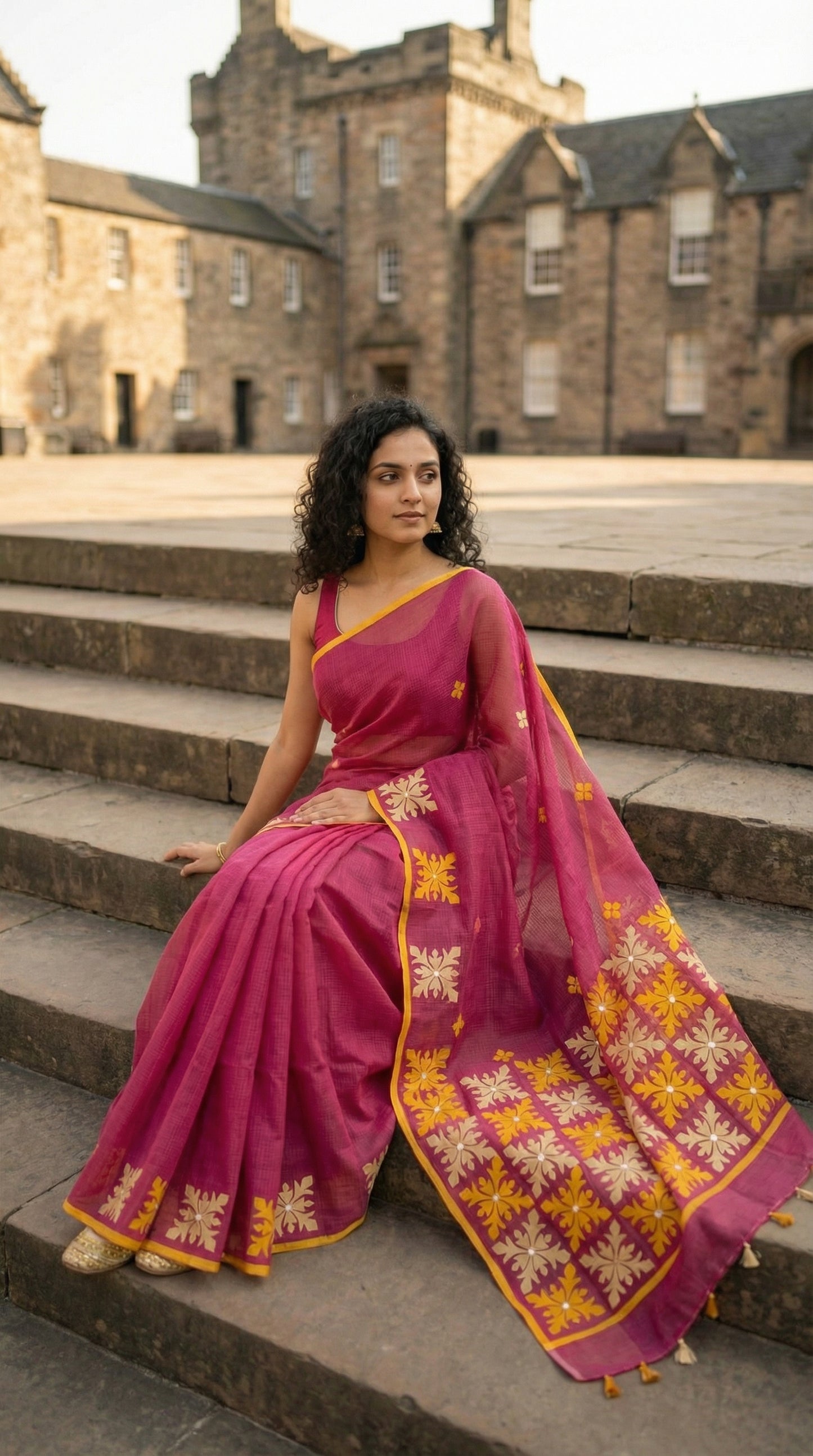 Woman in a dark Pink Kota saree with symmetrical white floral appliqué and soft texture, handcrafted traditional Indian saree sitting on steps in front of a building.