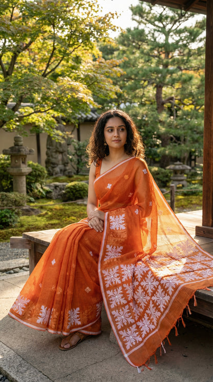 Woman in an orange Kota saree with symmetrical white floral appliqué and soft texture, handcrafted traditional Indian saree sitting in a garden setting.