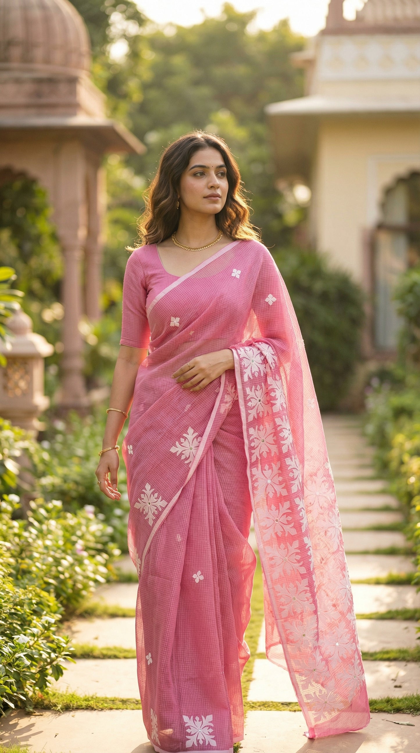 Woman in a pink Kota saree with symmetrical white floral appliqué and soft texture, handcrafted traditional Indian saree standing in a garden setting.