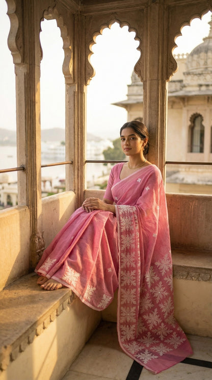 Woman in a pink Kota saree with symmetrical white floral appliqué and soft texture, handcrafted traditional Indian saree outfit sitting on a balcony with architectural background