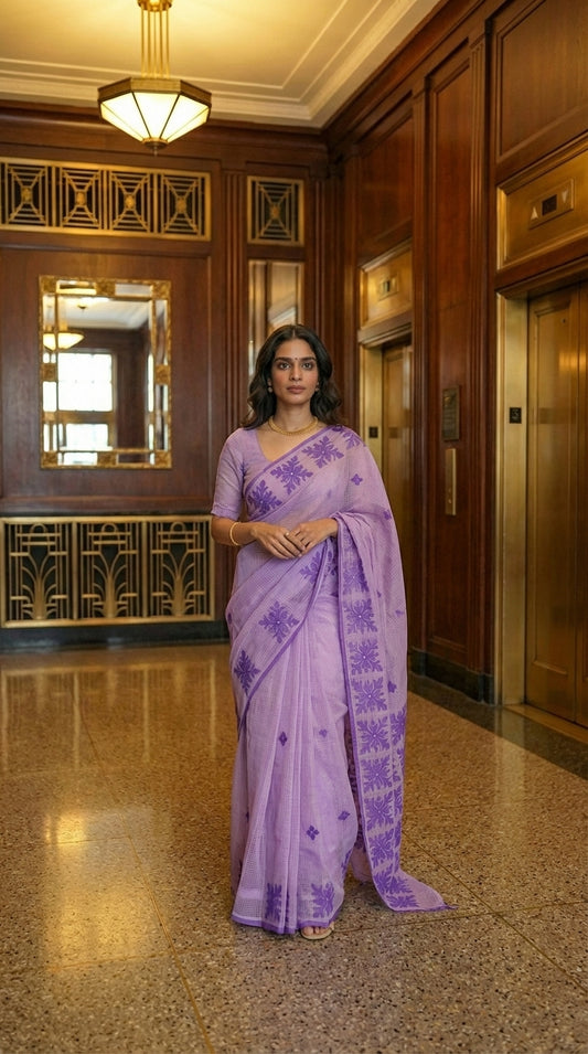 Woman in a lavender-purple-applique-kota-saree, standing in an elegant interior setting with wooden paneling and a chandelier.