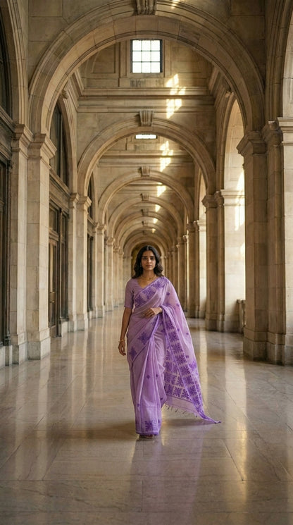 Woman in a lavender-purple-applique-kota-saree, standing in a grand architectural hallway with high ceilings and large windows.
