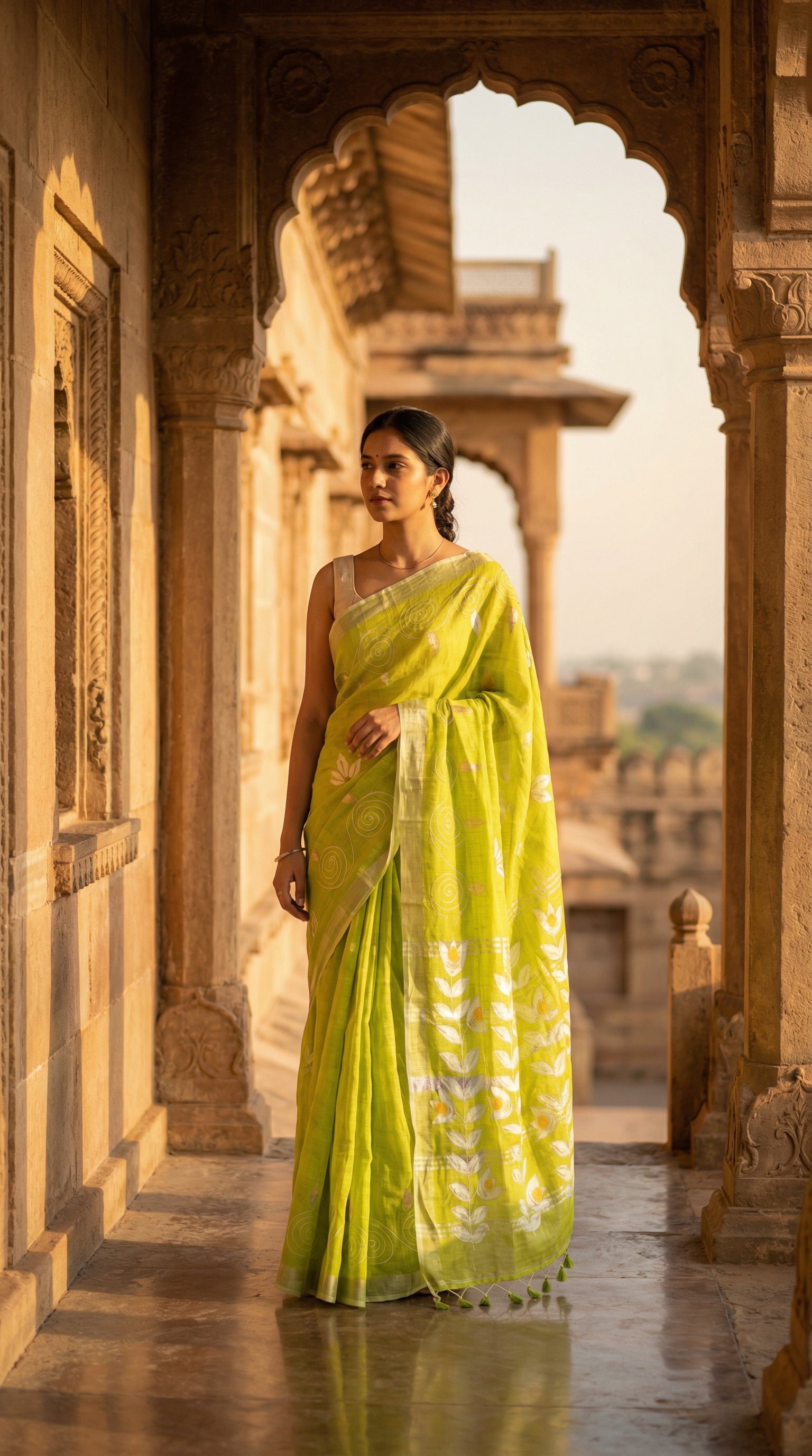 Woman in a lemon green hand painted cotton linen saree with floral motifs and tassel pallu, standing in front of an architectural structure with a blurred background.