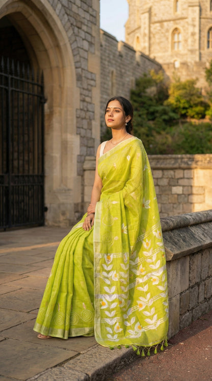 Woman in a lemon green hand painted cotton linen saree with floral motifs and tassel pallu, standing in front of a castle-like building.