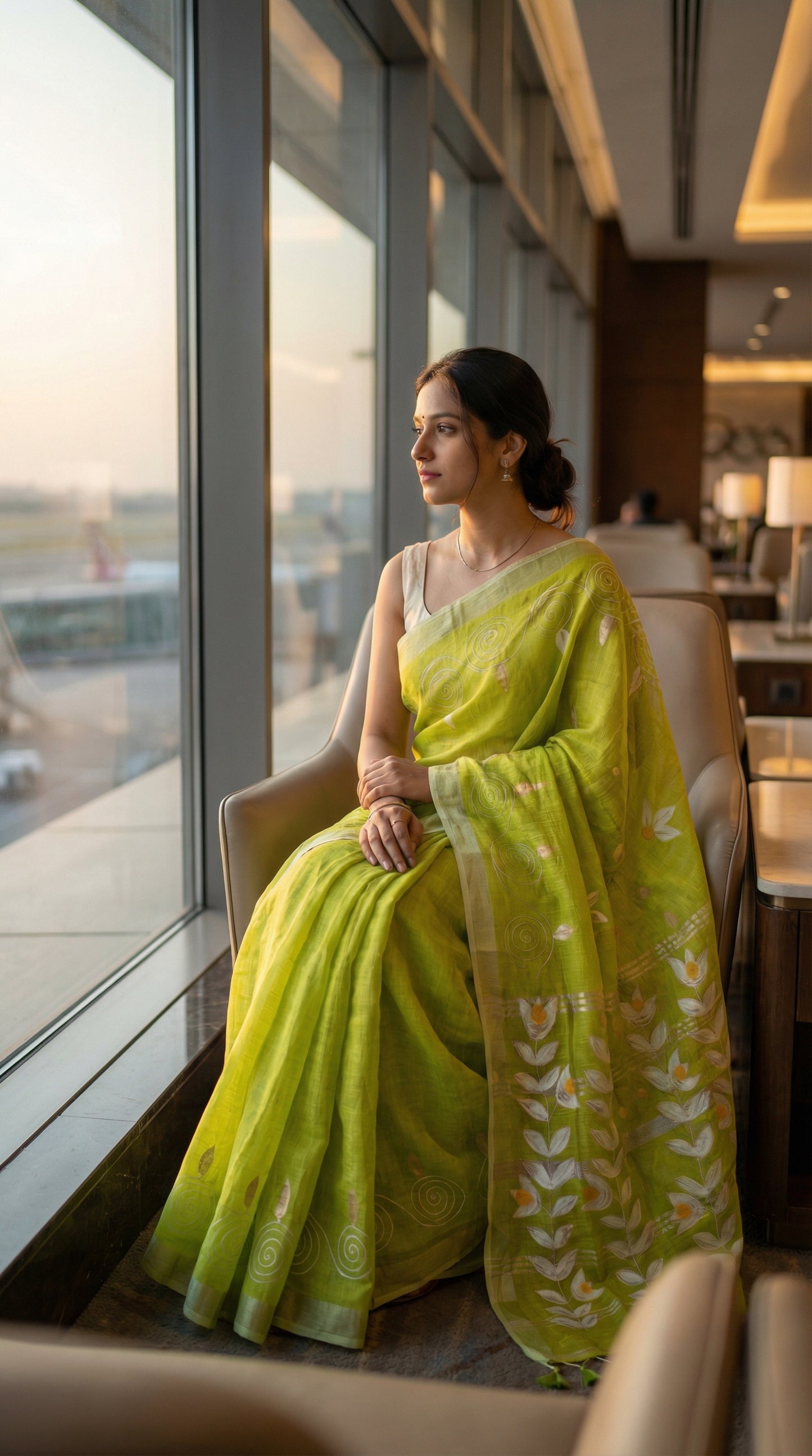 Woman in a lemon green hand painted cotton linen saree with floral motifs and tassel pallu, sitting by a window with a view of an airport.
