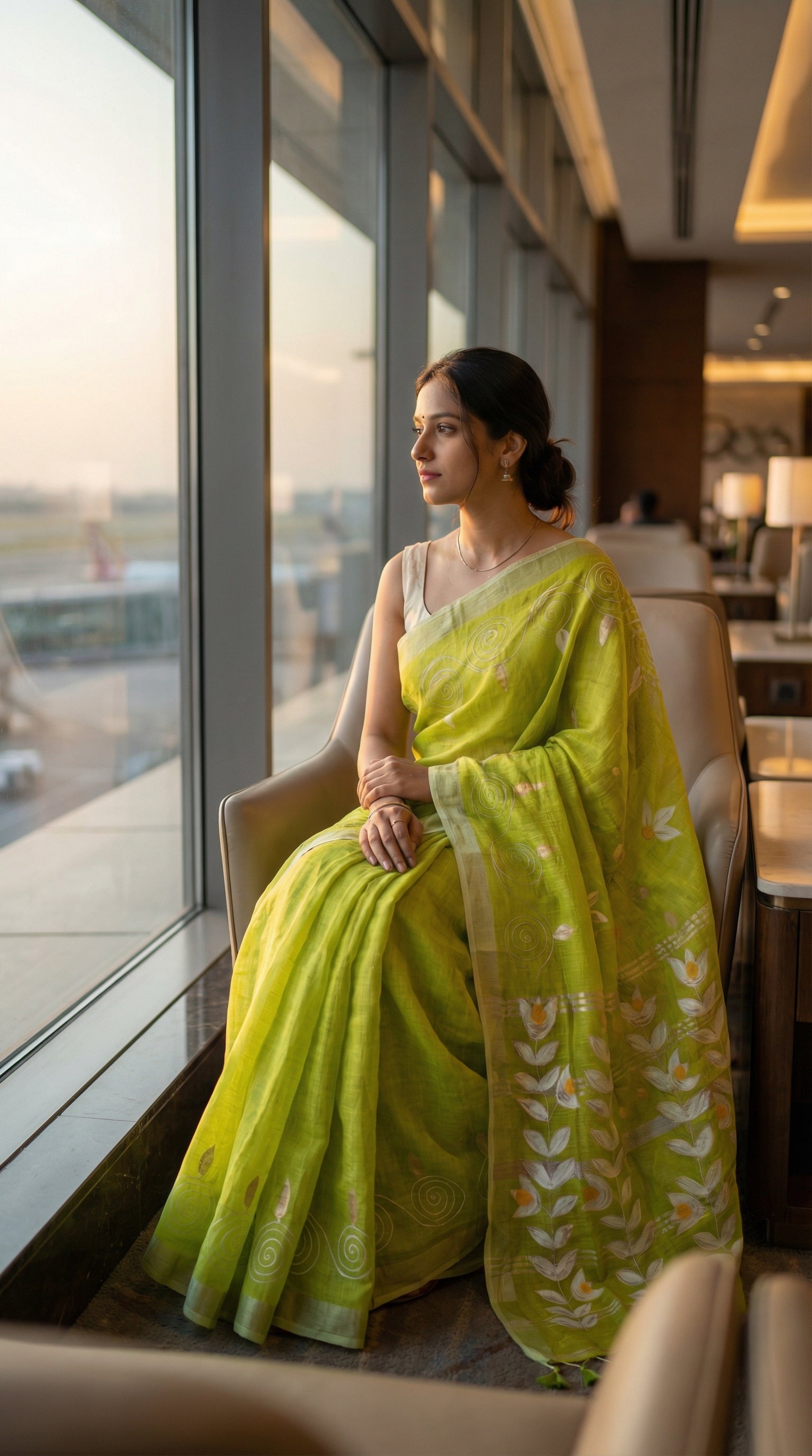 Woman in a lemon green hand painted cotton linen saree with floral motifs and tassel pallu, sitting by a window with a view of an airport.