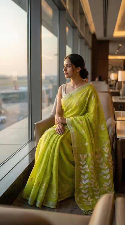 Woman in a lemon green hand painted cotton linen saree with floral motifs and tassel pallu, sitting by a window with a view of an airport.