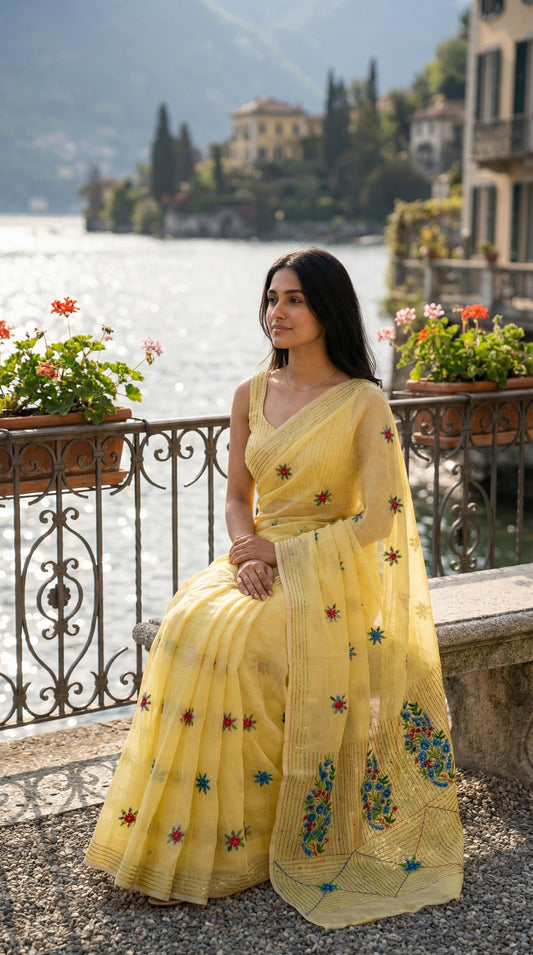 Woman in a lemon-yellow-chanderi-kantha-saree, standing on a balcony overlooking a lake with mountains.