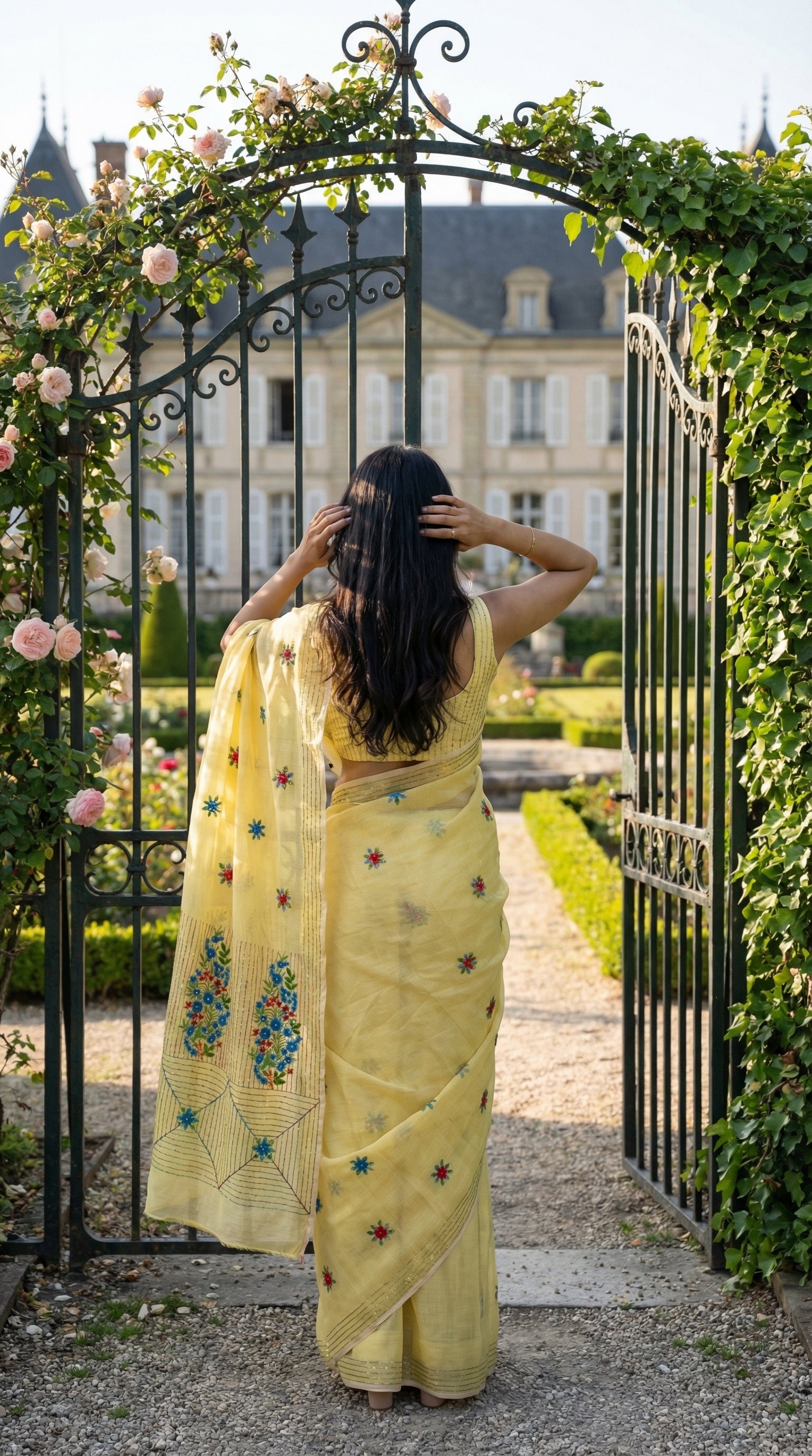 Woman in a lemon-yellow-chanderi-kantha-saree, standing in front of an ornate gate with garden and building in the background