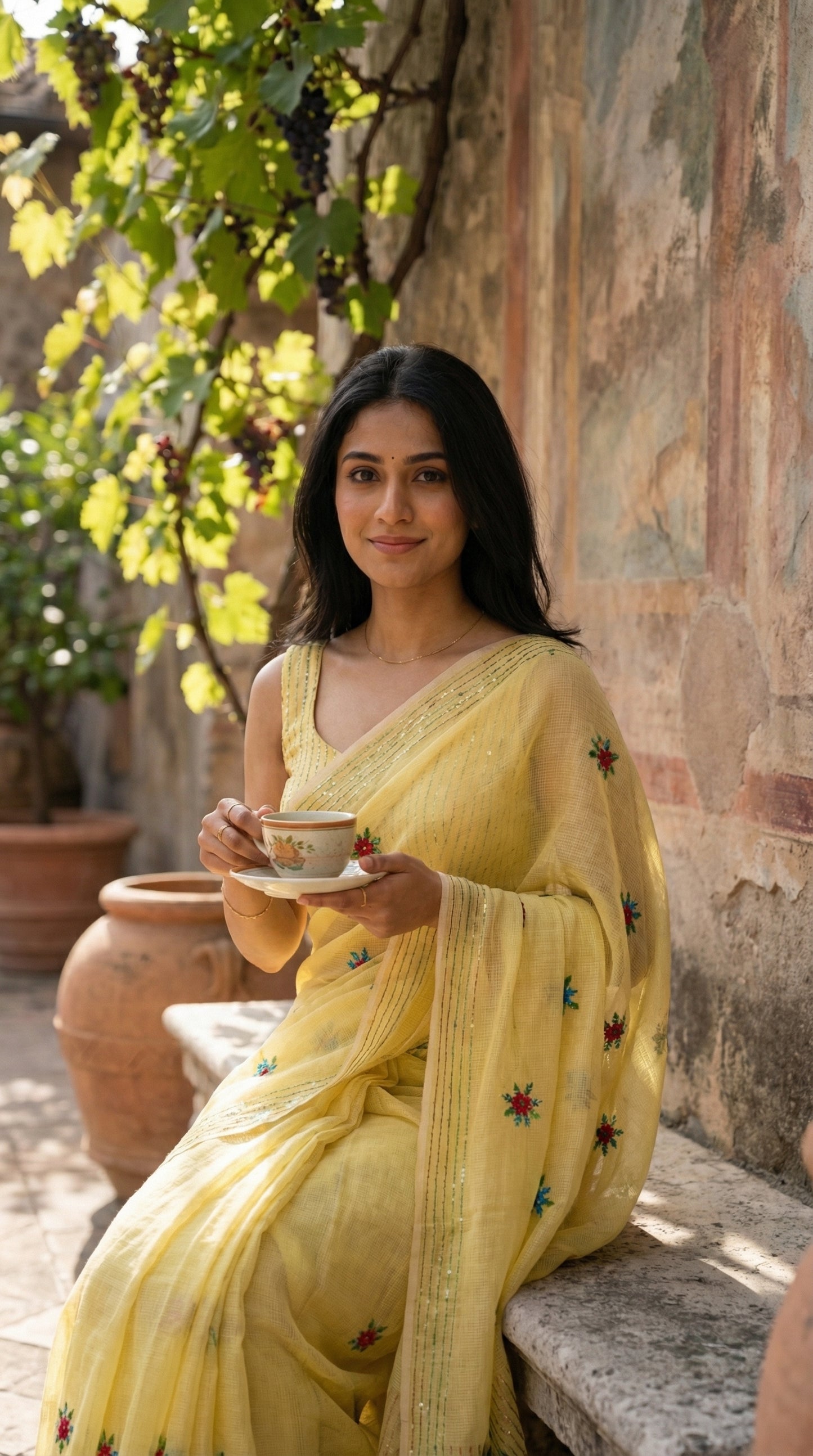 Woman in a lemon-yellow-chanderi-kantha-saree, holding a cup outdoors near a stone wall.