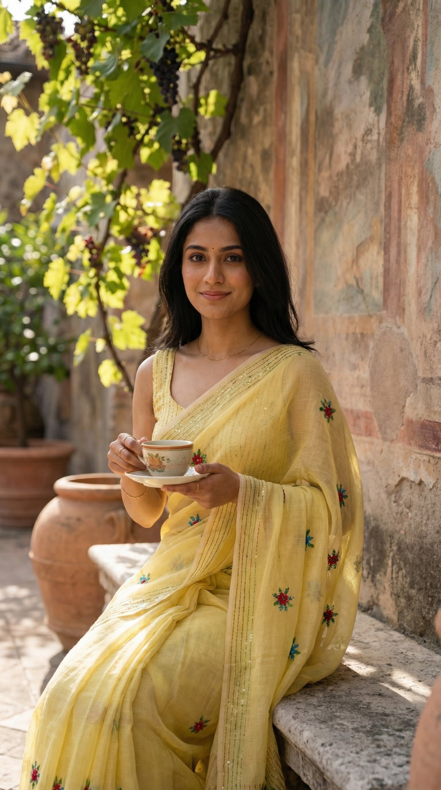 Woman in a lemon-yellow-chanderi-kantha-saree, holding a cup outdoors near a stone wall.